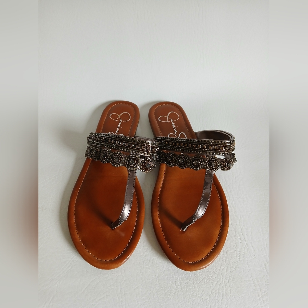 Jessica Simpson Women's Gray Beaded Thong Sandals Sz8.5M